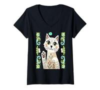 Mujer Gato amistoso del estilo del arte popular retro con la pata arriba saludando Camiseta Cuello V