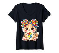 Mujer Gato Anime Kawaii con Lazo para el Pelo para el día de concienciación sobre el Autismo Camiseta Cuello V