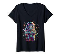Mujer Gato Astronauta explora el Universo Espacial de Estrellas chispeantes Camiseta Cuello V