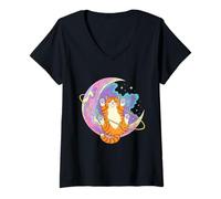 Mujer Gato atigrado Naranja galáctico flotando en la Luna mística Camiseta Cuello V