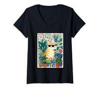 Mujer Gato atigrado Vintage Jengibre con Gafas de Sol Floral botánico Camiseta Cuello V