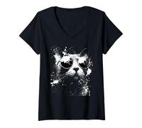 Mujer Gato Azul Ruso Fresco con Gafas de Sol Blanco Splash Art Cats Camiseta Cuello V