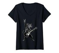 Mujer Gato balancín Tocando Guitarra Rock 'n Roll música Banda Festival Camiseta Cuello V