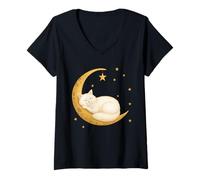 Mujer Gato Blanco Durmiendo En Luna Creciente Camiseta Cuello V