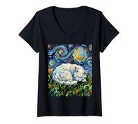 Mujer Gato Blanco Noche Estrellada durmiendo felino y Luna ilustración Camiseta Cuello V