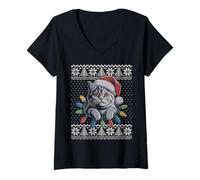 Mujer Gato británico de Pelo Corto con Luces de Navidad suéter Feo Camiseta Cuello V