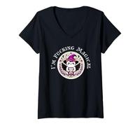 Mujer Gato bruja kawaii lindo como divertido sarcástico brujo atrevido Camiseta Cuello V