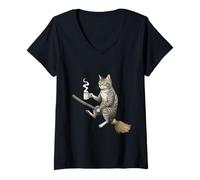 Mujer Gato Brujo Divertido en Escoba con Café Vintage Camiseta Cuello V
