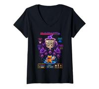 Mujer Gato Café Gamer Pixel Art Batalla Boss Retro Camiseta Cuello V