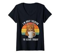 Mujer Gato Café Jesús Hablando Cristiano Retro Puesta De S Camiseta Cuello V