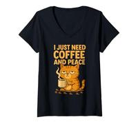 Mujer Gato Café y Paz - Humor gruñón matutino Amante del café Camiseta Cuello V