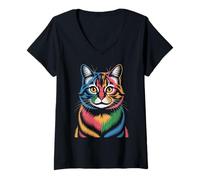 Mujer Gato colorido Camiseta Cuello V