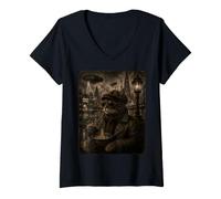 Mujer Gato Comiendo Ramen Retro Futuro Art Deco Dirigible Ciudad Camiseta Cuello V