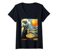Mujer Gato Comiendo Ramen Van Gogh Obra de Arte Wave Kanagawa Anime Cat Camiseta Cuello V