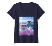 Mujer Gato con Gafas de Sol en Yate Barco Tiburón Weirdcore Camiseta Cuello V
