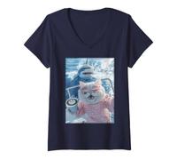 Mujer Gato con Gafas de Sol y Café en Yate Barco Tiburón Camiseta Cuello V