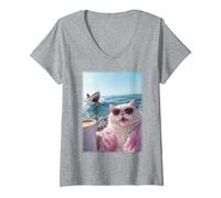 Mujer Gato con Gafas de Sol y Café en Yate Barco Tiburón Weirdcore Camiseta Cuello V