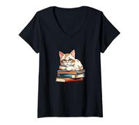 Mujer Gato con gafas descansando sobre libros - estilo cartoon Camiseta Cuello V
