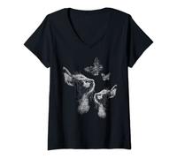 Mujer Gato con gatito y mariposas, arte del garabato Camiseta Cuello V