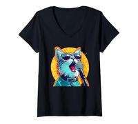 Mujer Gato con Sombras y micrófono para Amigos de Karaoke Camiseta Cuello V