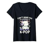 Mujer Gato Coreano No Puede Oírte Estoy Escuchando K-Pop Camiseta Cuello V