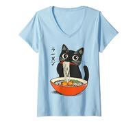 Mujer Gato de Anime Kawaii Funny Cat Ramen «Retro Cartoon Cat» Camiseta Cuello V