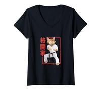 Mujer Gato de Artes Marciales en Pose de Karate con cinturón Negro y japonés Camiseta Cuello V
