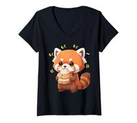 Mujer Gato de bambú Panda Rojo Kawaii Munching Happily Camiseta Cuello V