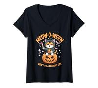 Mujer Gato de Halloween con Calabaza Meow-O-Ween Divertido Camiseta Cuello V
