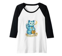Mujer Gato de la suerte Maneki-Neko de porcelana azul que trae buena suerte Camiseta Manga Raglan