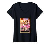 Mujer Gato de Moda en Coche Divertido Divertido Animal Parodia Arte impresión Camiseta Cuello V