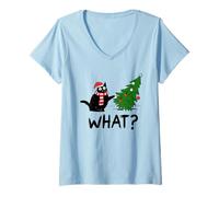 Mujer Gato de Navidad con árbol Qué Divertido diseño navideño Presente Camiseta Cuello V