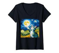 Mujer Gato de Noche Estrellada, Gato Van Gogh, Amante de los Gatos, mamá de Gato, papá Gato Camiseta Cuello V