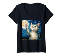 Mujer Gato de Noche Estrellada, Gato Van Gogh, Amante de los Gatos, mamá de Gato, papá Gato Camiseta Cuello V