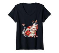 Mujer Gato de Origami Gatos de Flor de Cerezo japonés Japón Camiseta Cuello V