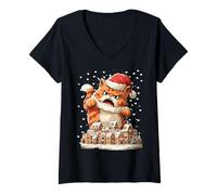 Mujer Gato de Papá Noel Divertido con Galletas de Jengibre Gatito de Navidad Camiseta Cuello V