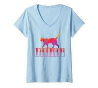 Mujer Gato de Piano Teclado de Piano Camiseta Cuello V, Azul Bebé, L