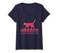 Mujer Gato de Piano Teclado de Piano Camiseta Cuello V, Azul Marino, S