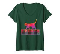 Mujer Gato de Piano Teclado de Piano Camiseta Cuello V, Verde Bosque, XL