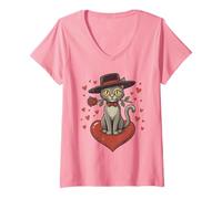 Mujer Gato de San Valentín con Lazo sosteniendo Rosas Rojas Sentado en Corazones Camiseta Cuello V