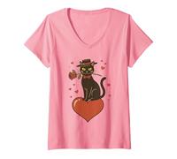 Mujer Gato de San Valentín con Lazo sosteniendo Rosas Rojas Sentado en el corazón Camiseta Cuello V