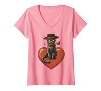 Mujer Gato de San Valentín con Lazo sosteniendo Rosas Rojas Sentado en el corazón Camiseta Cuello V