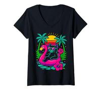 Mujer Gato de verano con flamingo estilo retro vibraciones Camiseta Cuello V