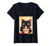 Mujer Gato Disfruta de Sopa de Fideos Ramen Camiseta Cuello V