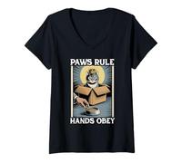 Mujer Gato Divertido en Caja Patas Regla Manos obedecen Gato Amante Gato Camiseta Cuello V