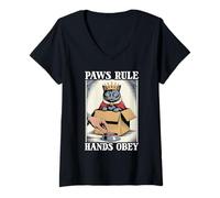 Mujer Gato divertido en caja patas regla manos obedecen gato amante gato Camiseta Cuello V