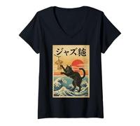 Mujer Gato Divertido Tocando Campanas para músico percusionista Camiseta Cuello V