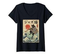 Mujer Gato Divertido Tocando Clarinete para músico de Jazz Camiseta Cuello V