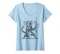 Mujer Gato Divertido Tocando Guitarra Rock & Roll Vintage música Arte Camiseta Cuello V