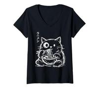 Mujer Gato Doodle Comiendo Ramen Minimalista Dibujado a Mano Camiseta Cuello V